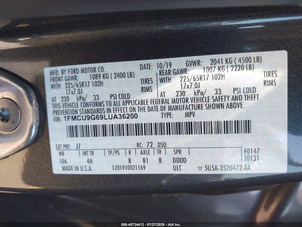 1FMCU9G69LUA36200 2020 FORD ESCAPE photo no. 9