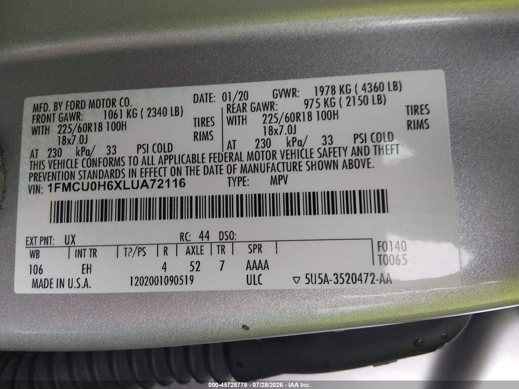 1FMCU0H6XLUA72116 2020 FORD ESCAPE photo no. 9