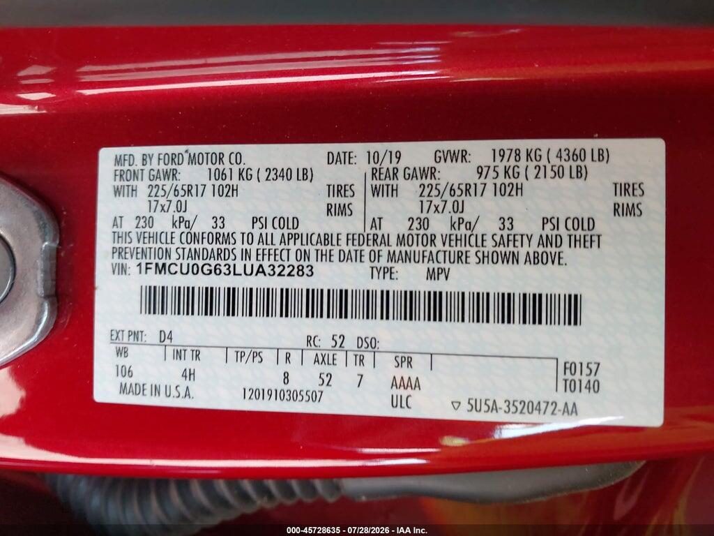 1FMCU0G63LUA32283 2020 FORD ESCAPE photo no. 9