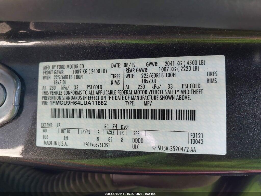 1FMCU9H64LUA11882 2020 FORD ESCAPE photo no. 9