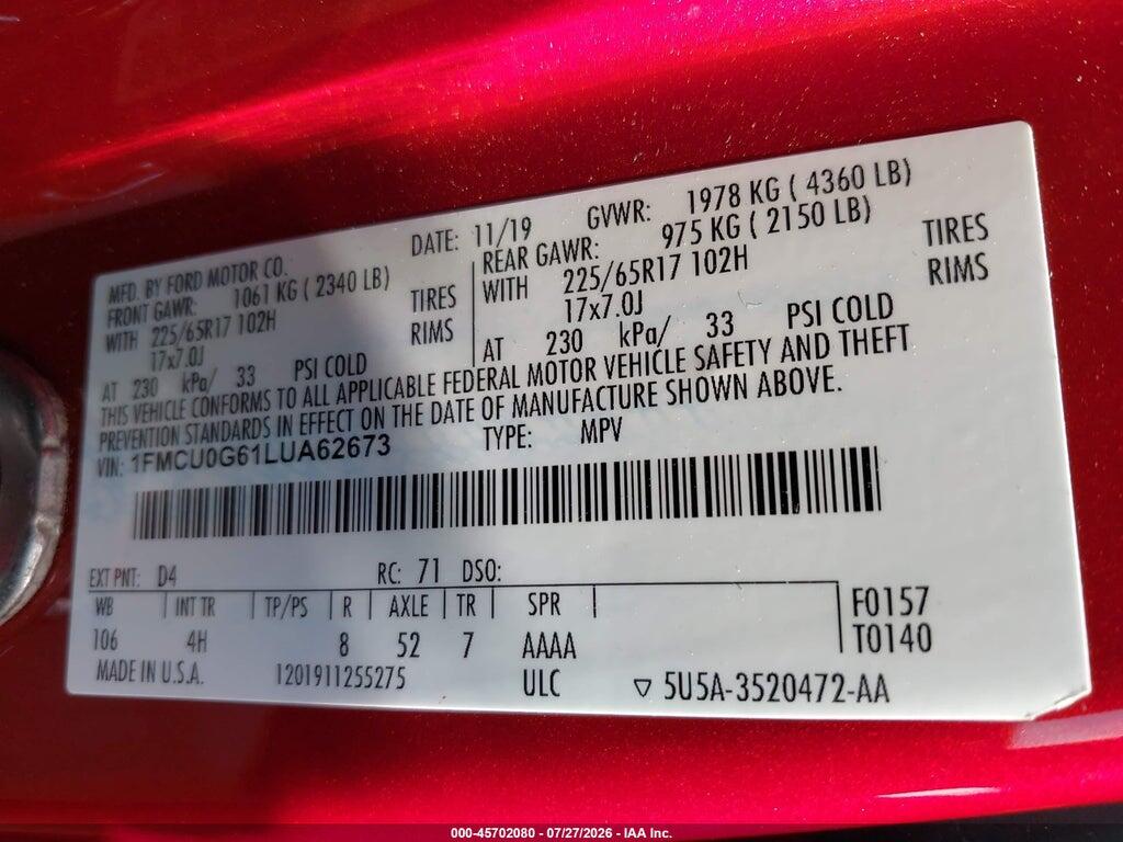 1FMCU0G61LUA62673 2020 FORD ESCAPE photo no. 9