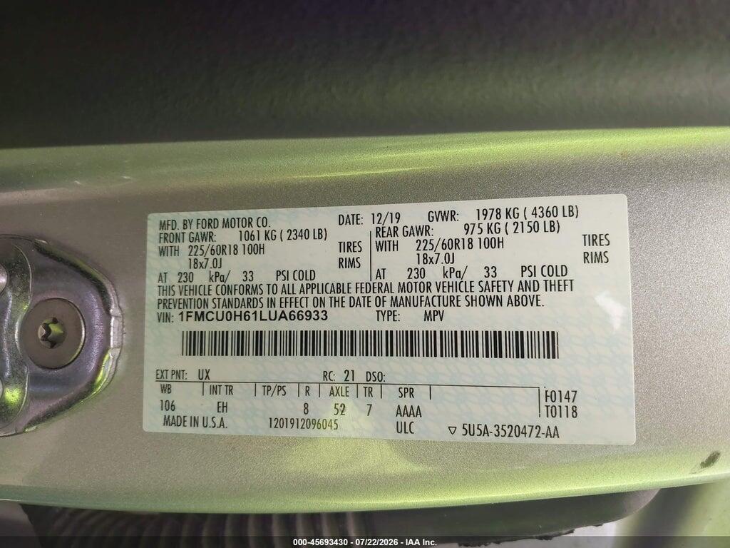 1FMCU0H61LUA66933 2020 FORD ESCAPE photo no. 9