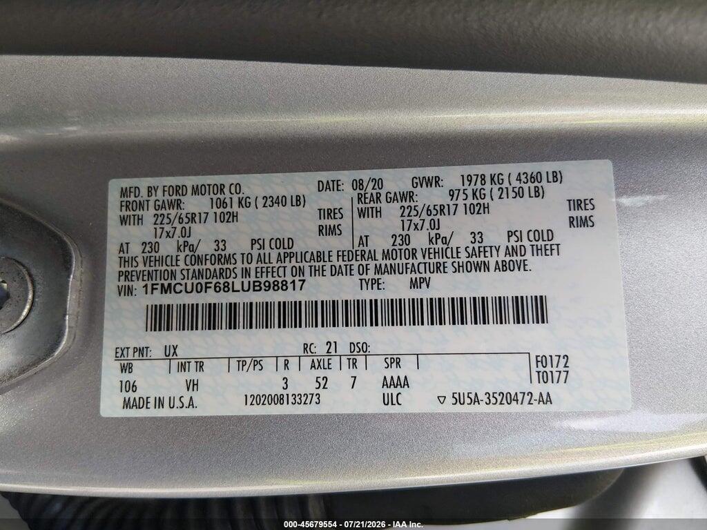 1FMCU0F68LUB98817 2020 FORD ESCAPE photo no. 9