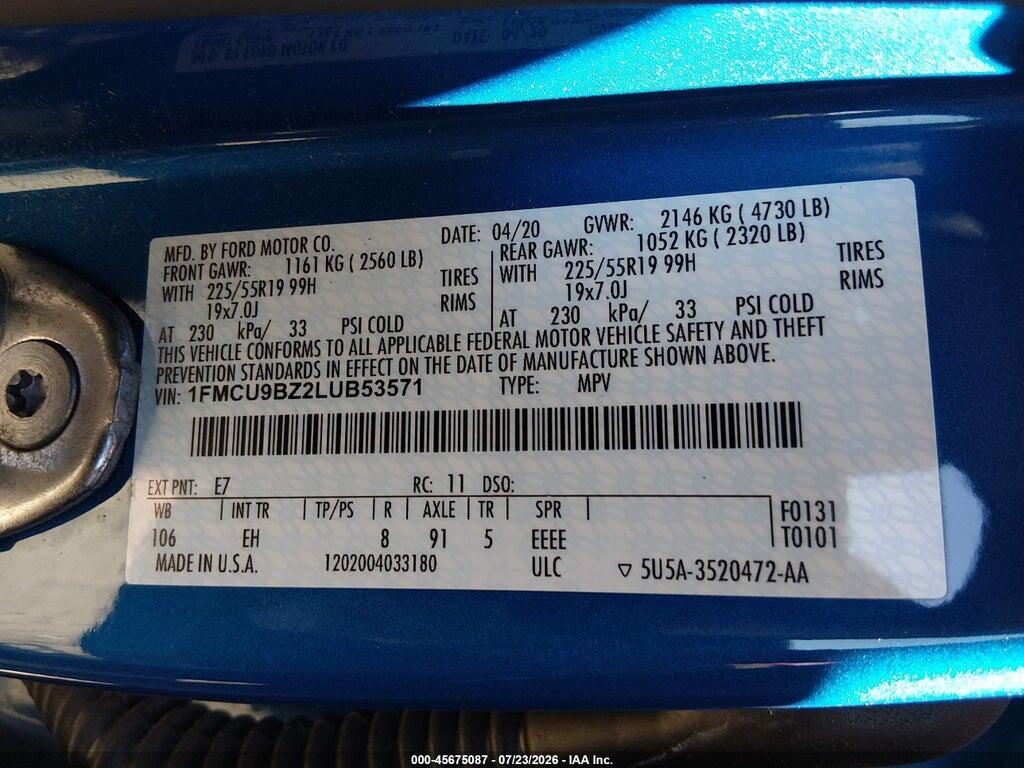 1FMCU9BZ2LUB53571 2020 FORD ESCAPE photo no. 9