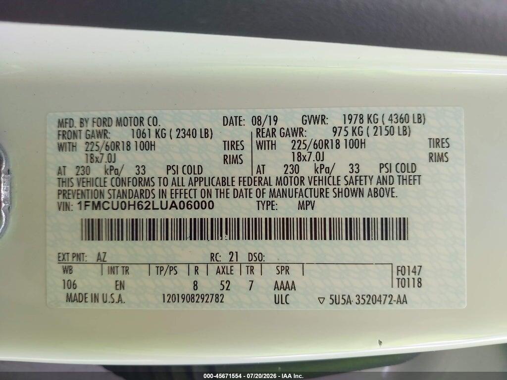 1FMCU0H62LUA06000 2020 FORD ESCAPE photo no. 9