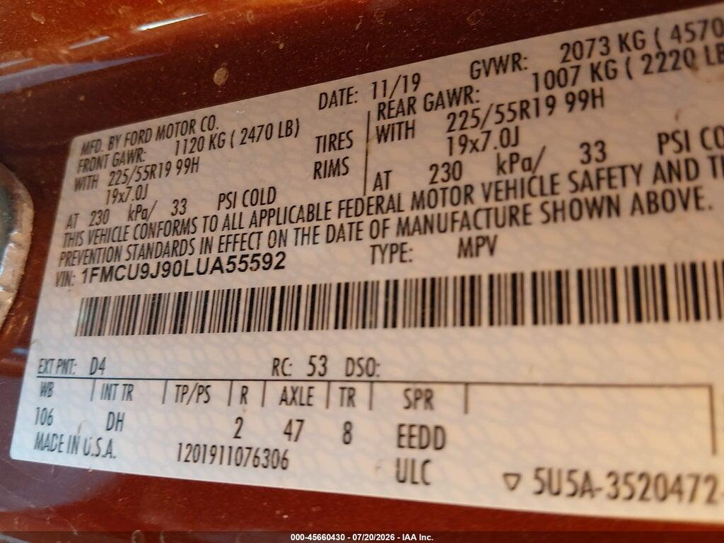 1FMCU9J90LUA55592 2020 FORD ESCAPE photo no. 9