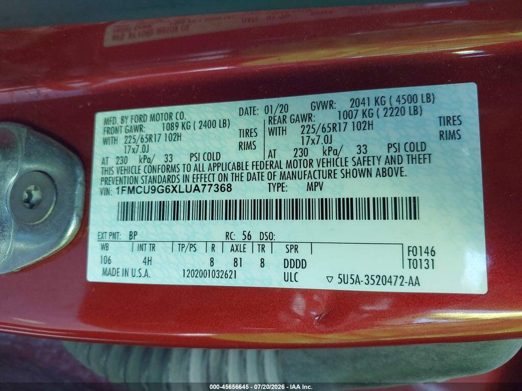 1FMCU9G6XLUA77368 2020 FORD ESCAPE photo no. 9