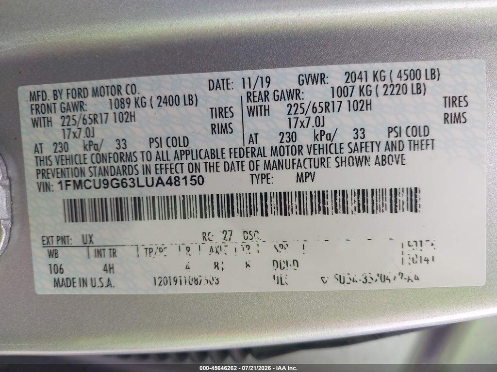 1FMCU9G63LUA48150 2020 FORD ESCAPE photo no. 9