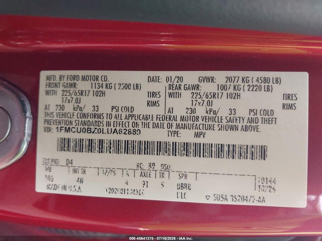1FMCU0BZ0LUA62889 2020 FORD ESCAPE photo no. 9