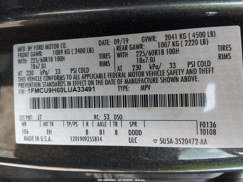 1FMCU9H60LUA33491 2020 FORD ESCAPE photo no. 9