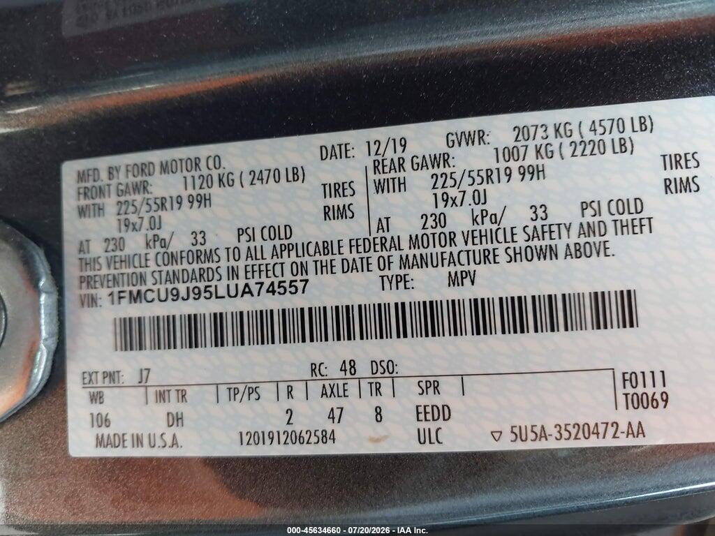 1FMCU9J95LUA74557 2020 FORD ESCAPE photo no. 9