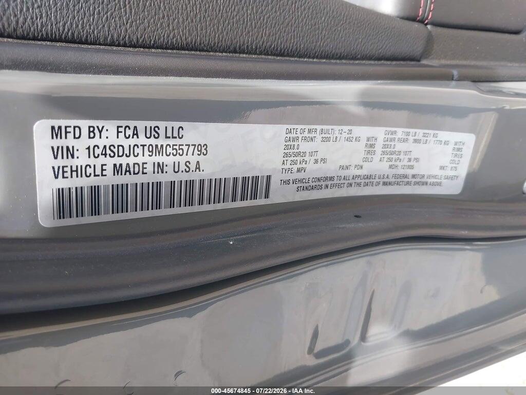 1C4SDJCT9MC557793 2021 DODGE DURANGO photo no. 9