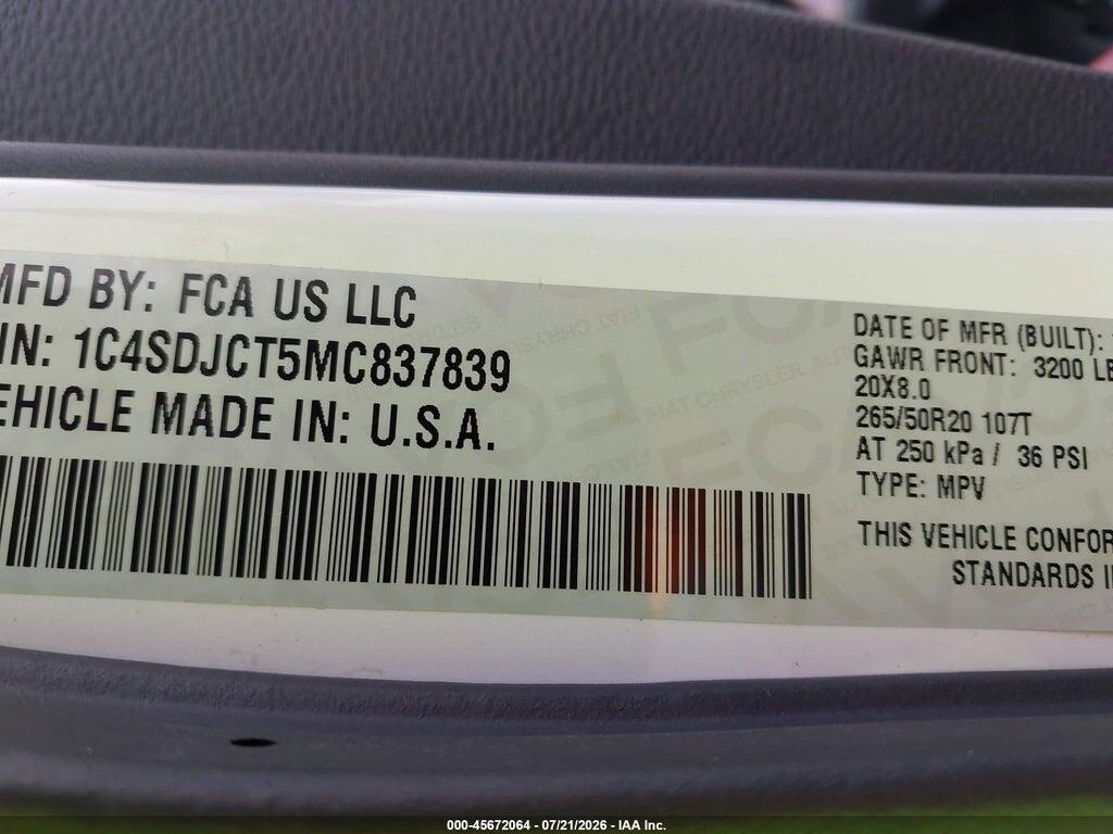 1C4SDJCT5MC837839 2021 DODGE DURANGO photo no. 9