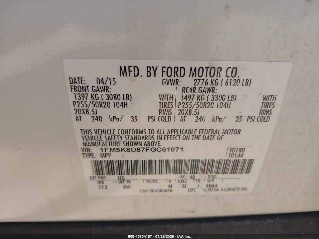 1FM5K8D87FGC61071 2015 FORD EXPLORER photo no. 9