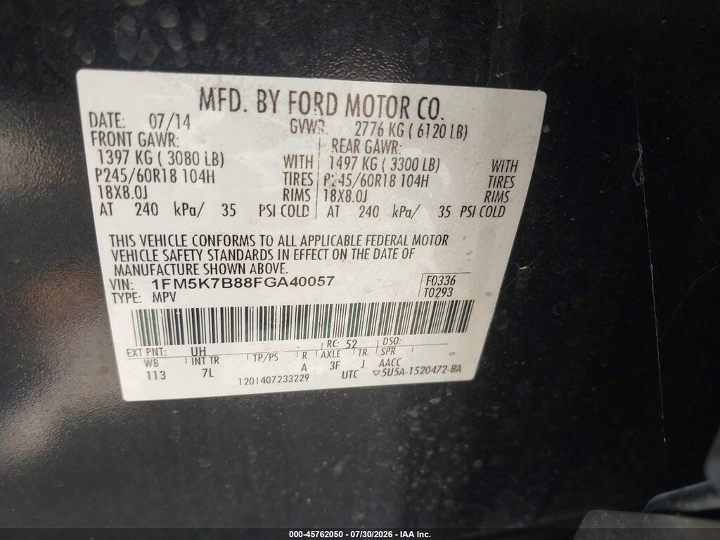 1FM5K7B88FGA40057 2015 FORD EXPLORER photo no. 9