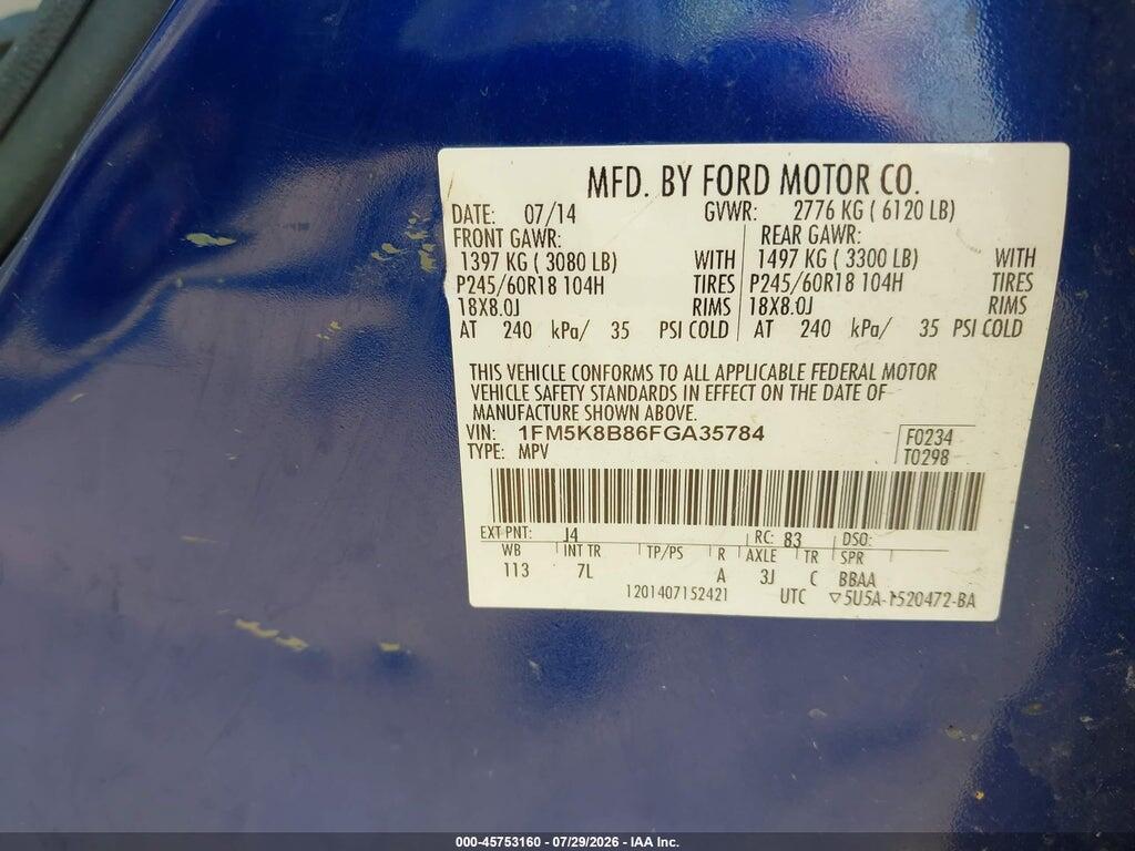1FM5K8B86FGA35784 2015 FORD EXPLORER photo no. 9