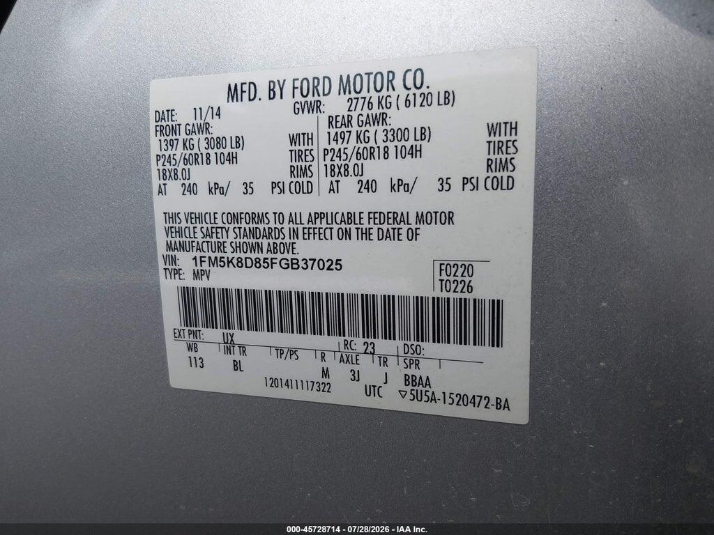 1FM5K8D85FGB37025 2015 FORD EXPLORER photo no. 9