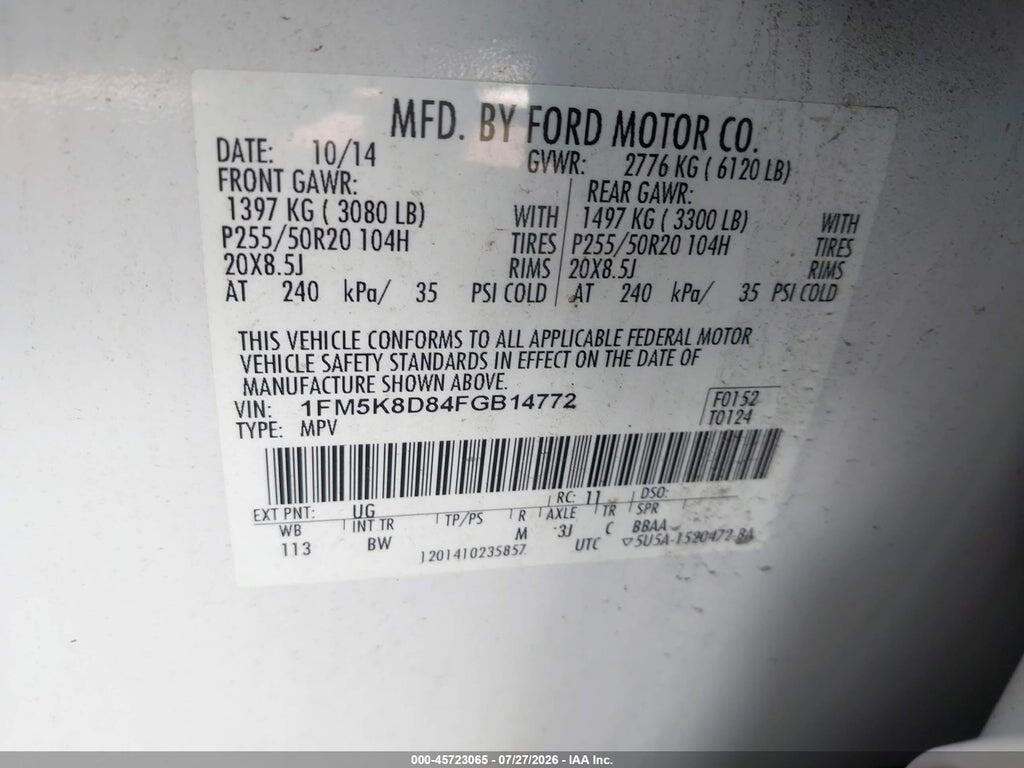 1FM5K8D84FGB14772 2015 FORD EXPLORER photo no. 9