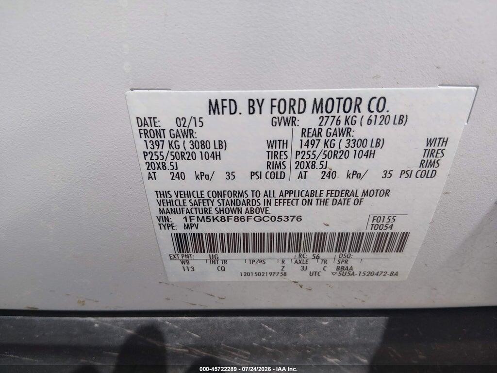 1FM5K8F86FGC05376 2015 FORD EXPLORER photo no. 9