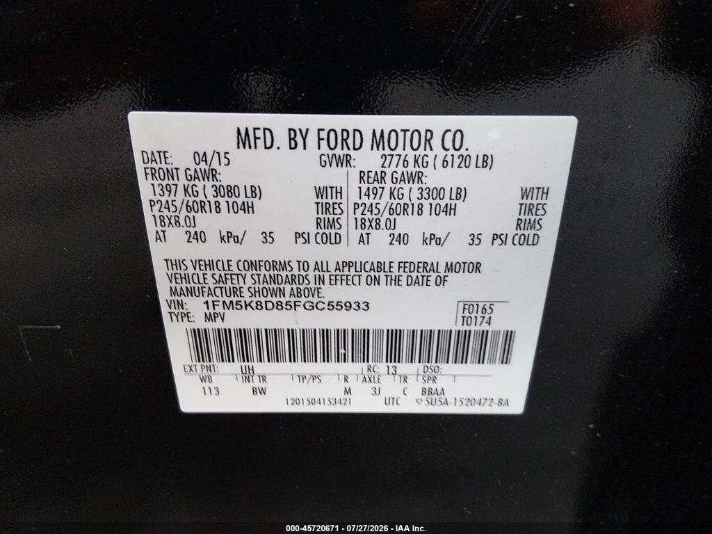 1FM5K8D85FGC55933 2015 FORD EXPLORER photo no. 9