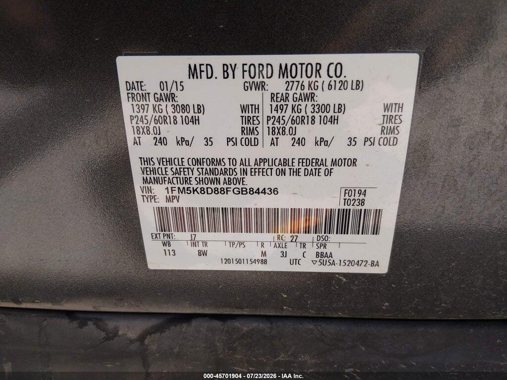 1FM5K8D88FGB84436 2015 FORD EXPLORER photo no. 9