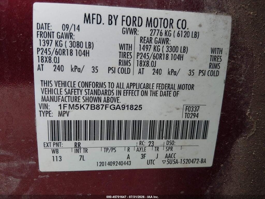 1FM5K7B87FGA91825 2015 FORD EXPLORER photo no. 9