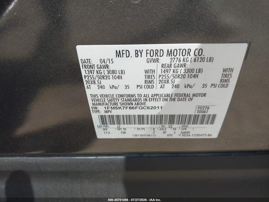 1FM5K7F86FGC62011 2015 FORD EXPLORER photo no. 9