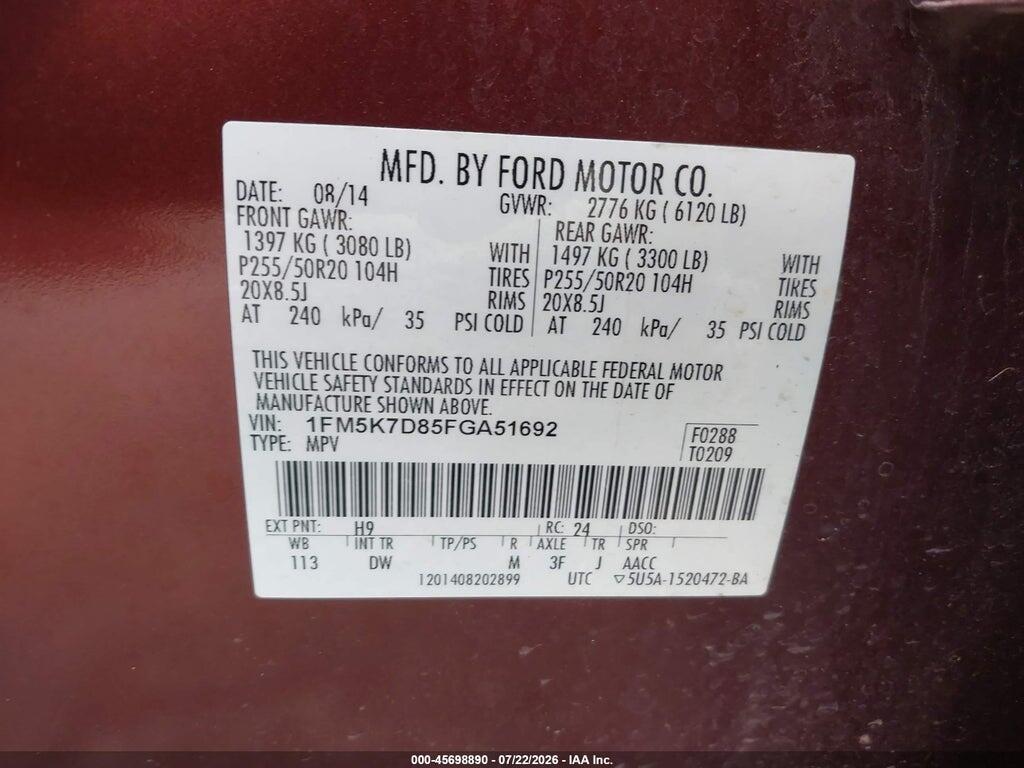 1FM5K7D85FGA51692 2015 FORD EXPLORER photo no. 9