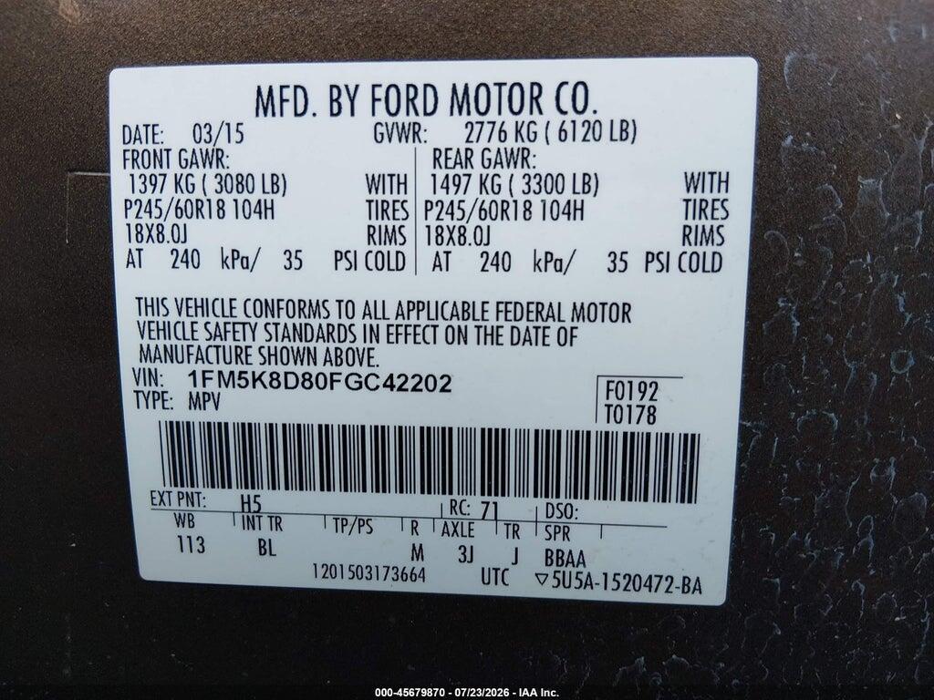 1FM5K8D80FGC42202 2015 FORD EXPLORER photo no. 9
