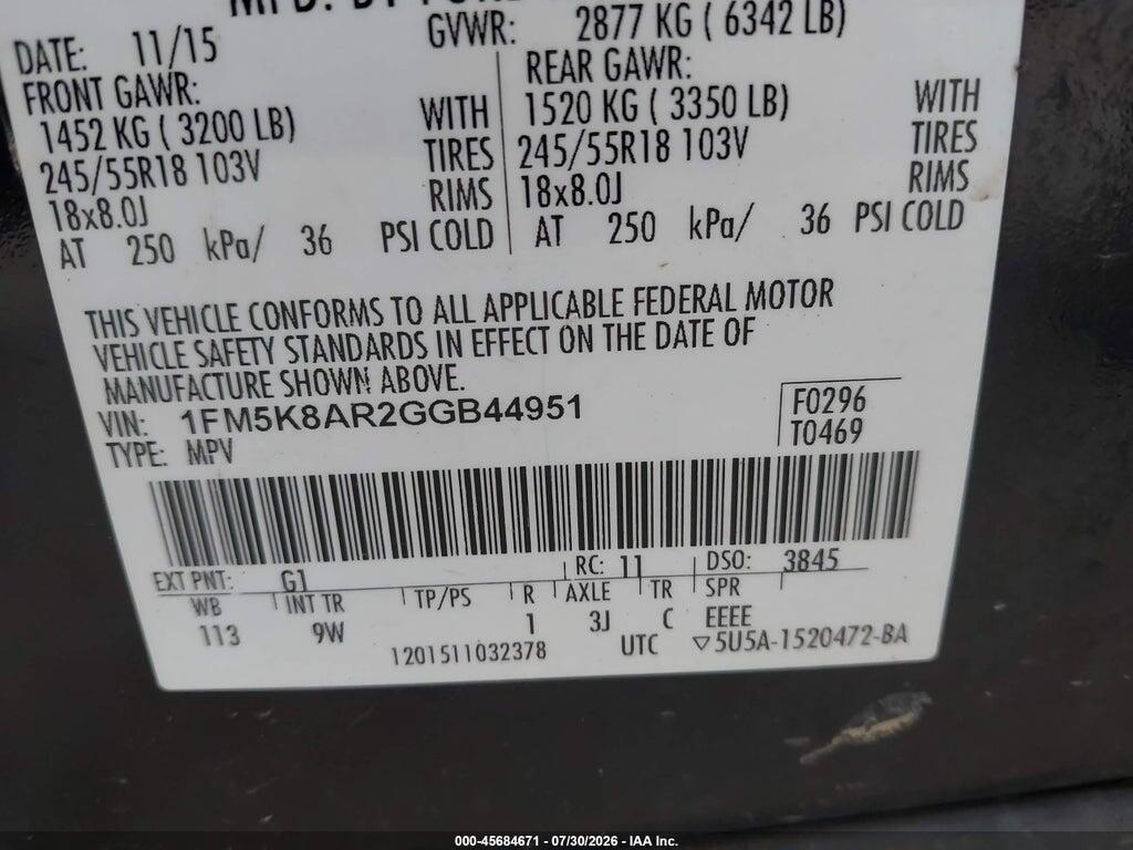 1FM5K8AR2GGB44951 2016 FORD UTILITY POLICE INTERCEPTOR photo no. 9