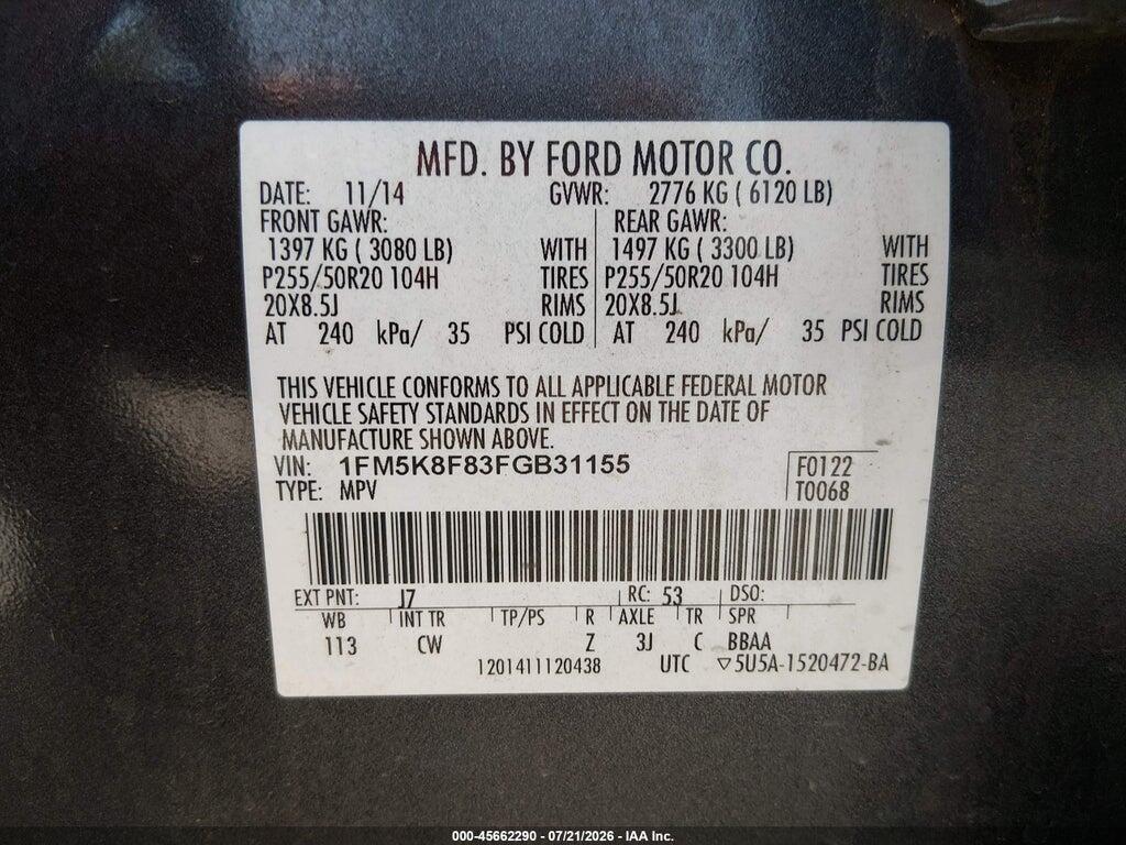 1FM5K8F83FGB31155 2015 FORD EXPLORER photo no. 9