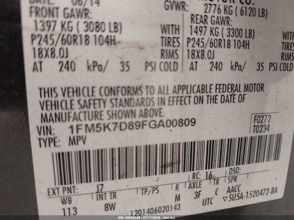 1FM5K7D89FGA00809 2015 FORD EXPLORER photo no. 9