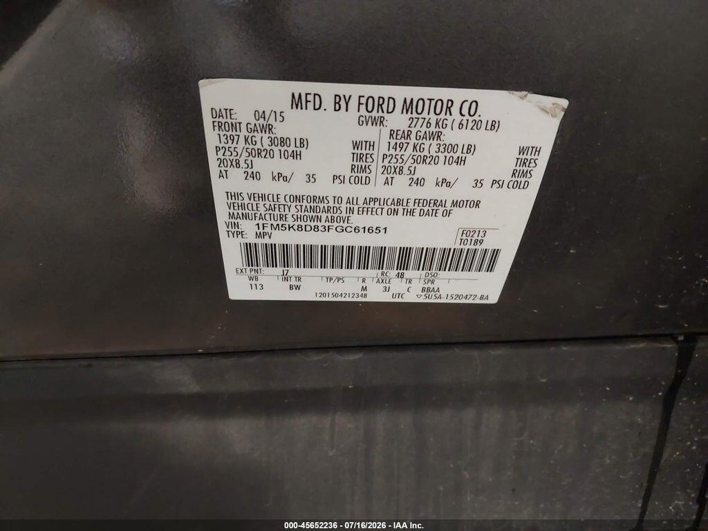 1FM5K8D83FGC61651 2015 FORD EXPLORER photo no. 9