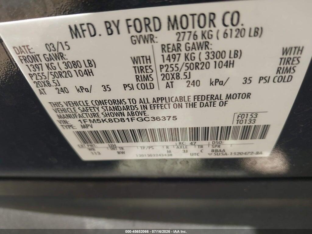 1FM5K8D81FGC36375 2015 FORD EXPLORER photo no. 9