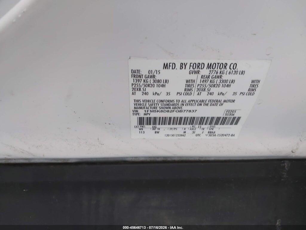 1FM5K8D82FGB77837 2015 FORD EXPLORER photo no. 9