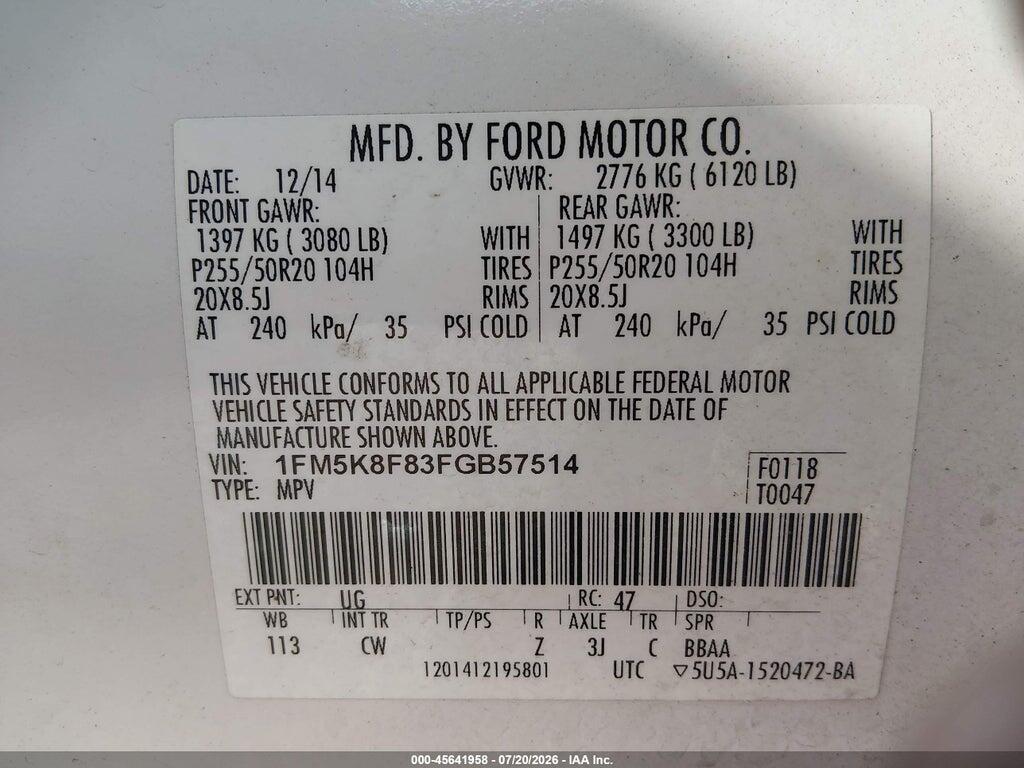 1FM5K8F83FGB57514 2015 FORD EXPLORER photo no. 9
