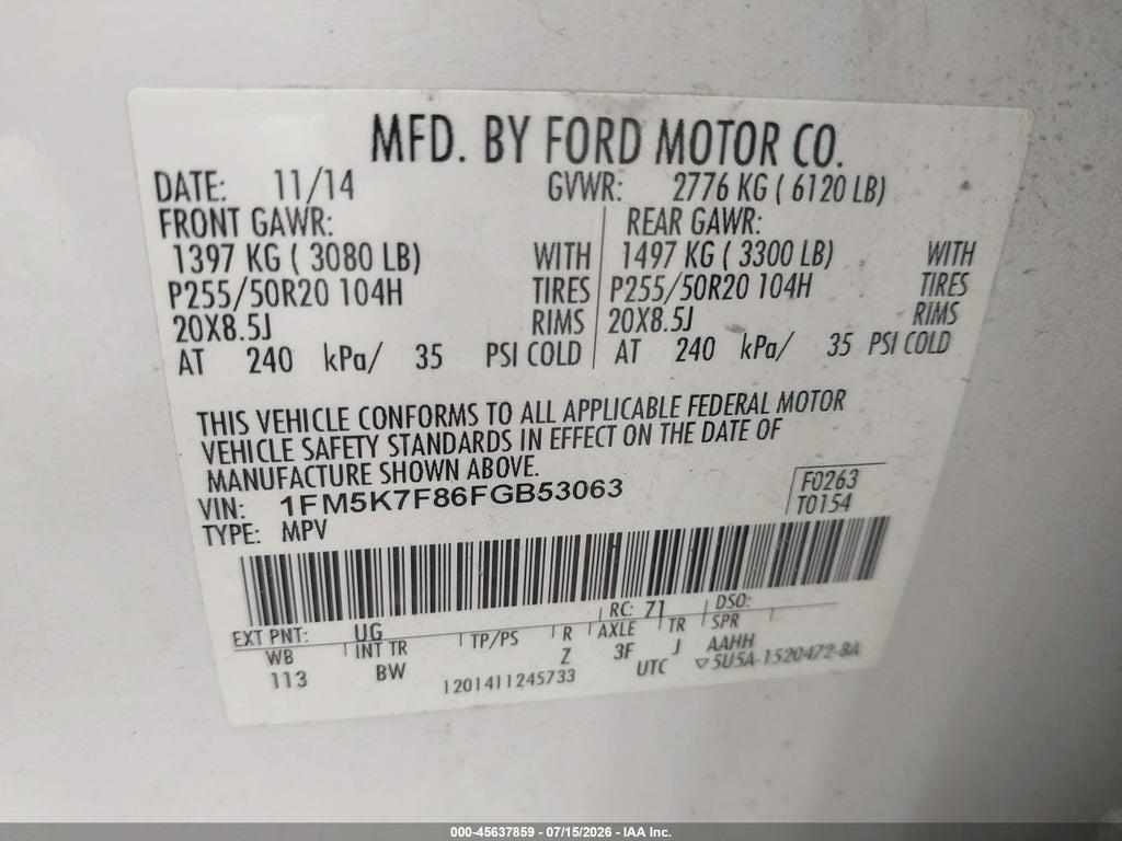 1FM5K7F86FGB53063 2015 FORD EXPLORER photo no. 9