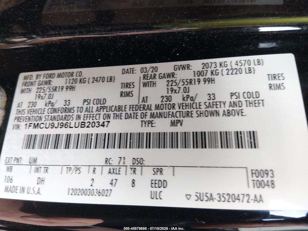 1FMCU9J96LUB20347 2020 FORD ESCAPE photo no. 9