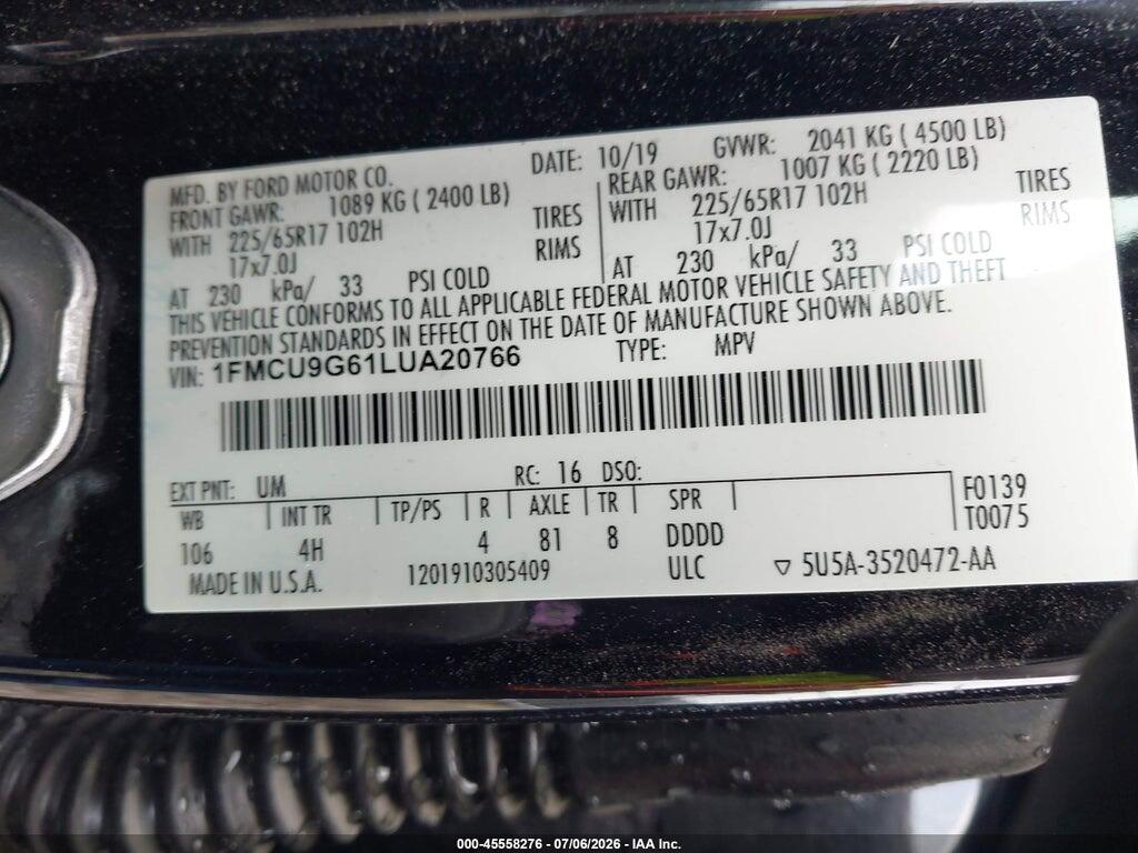 1FMCU9G61LUA20766 2020 FORD ESCAPE photo no. 9