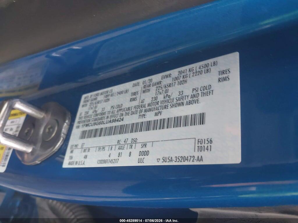 1FMCU9G60LUA98424 2020 FORD ESCAPE photo no. 9