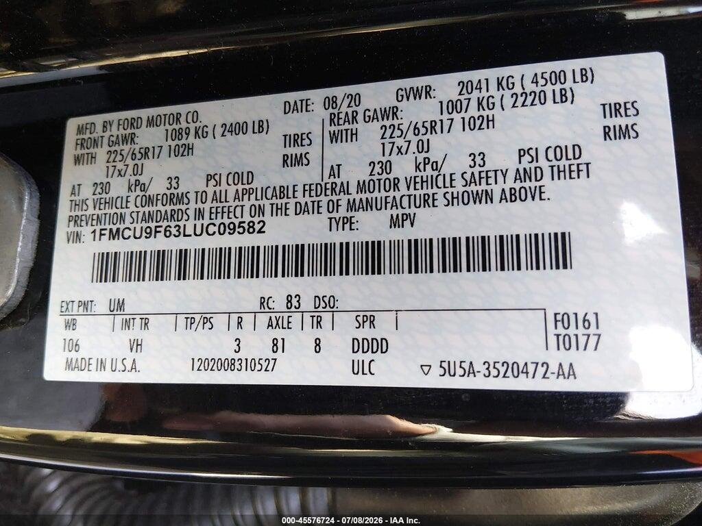 1FMCU9F63LUC09582 2020 FORD ESCAPE photo no. 9