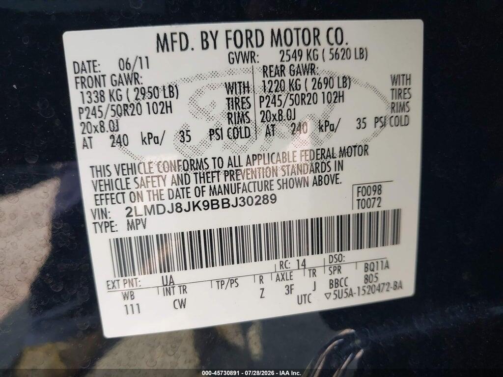 2LMDJ8JK9BBJ30289 2011 LINCOLN MKX photo no. 9