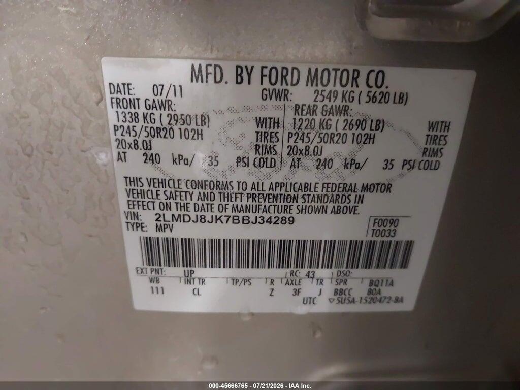 2LMDJ8JK7BBJ34289 2011 LINCOLN MKX photo no. 9