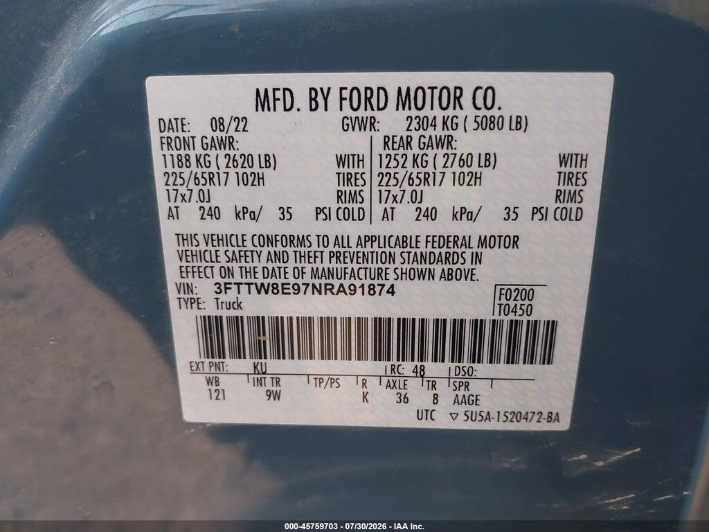 3FTTW8E97NRA91874 2022 FORD MAVERICK photo no. 9
