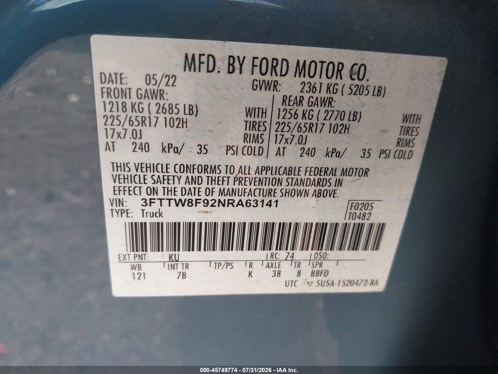 3FTTW8F92NRA63141 2022 FORD MAVERICK photo no. 9