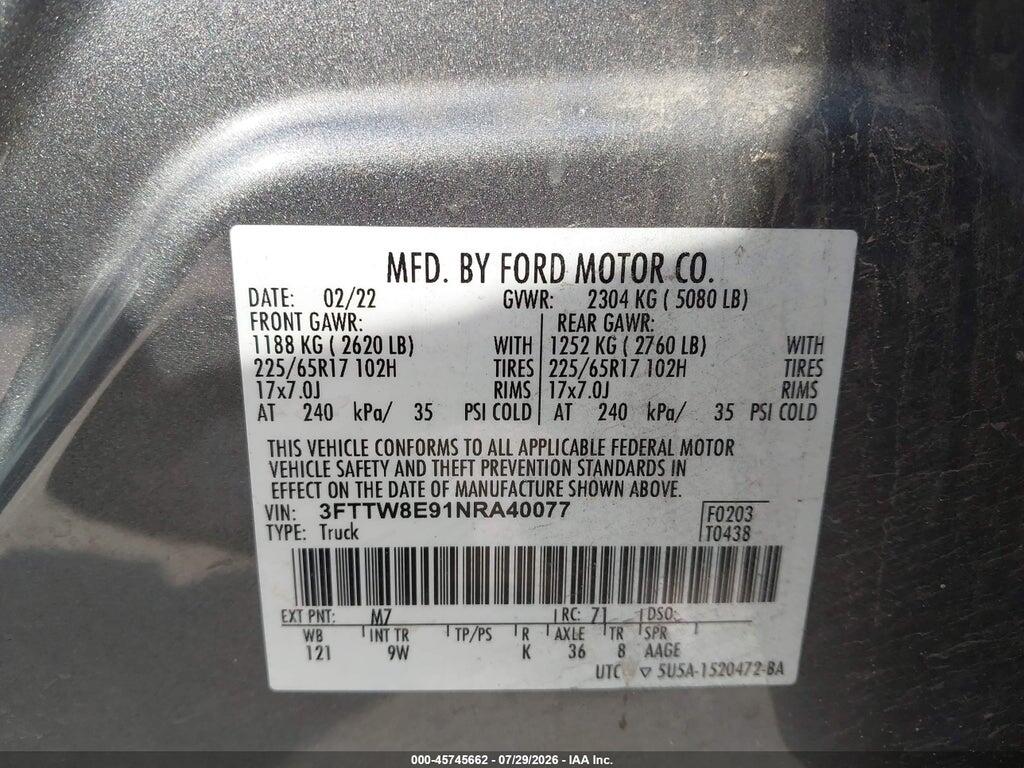 3FTTW8E91NRA40077 2022 FORD MAVERICK photo no. 9
