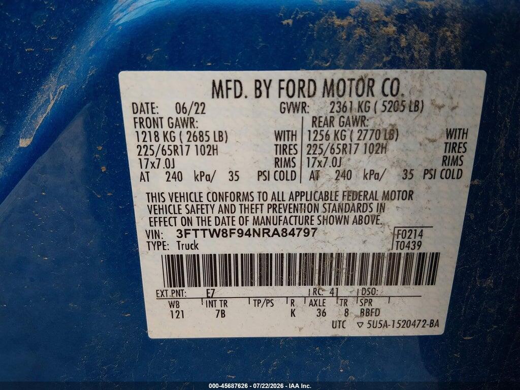 3FTTW8F94NRA84797 2022 FORD MAVERICK photo no. 9