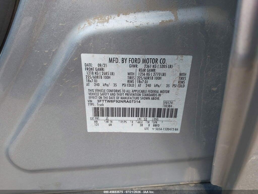 3FTTW8F92NRA07314 2022 FORD MAVERICK photo no. 9