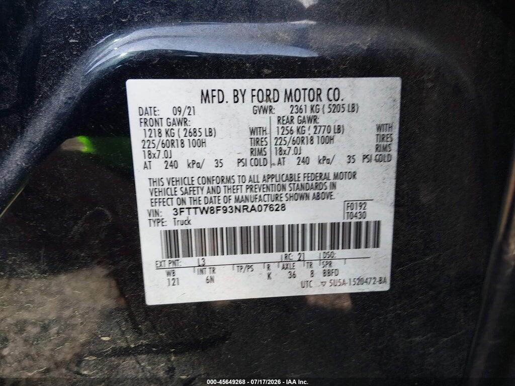 3FTTW8F93NRA07628 2022 FORD MAVERICK photo no. 9