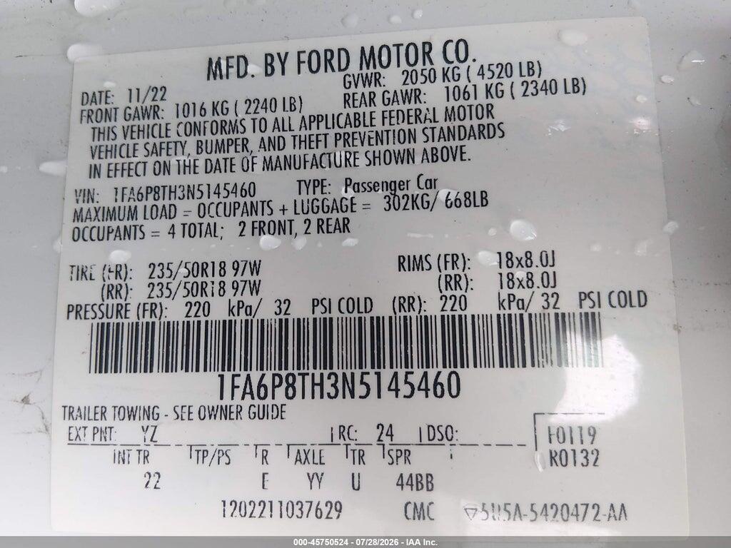 1FA6P8TH3N5145460 2022 FORD MUSTANG photo no. 9